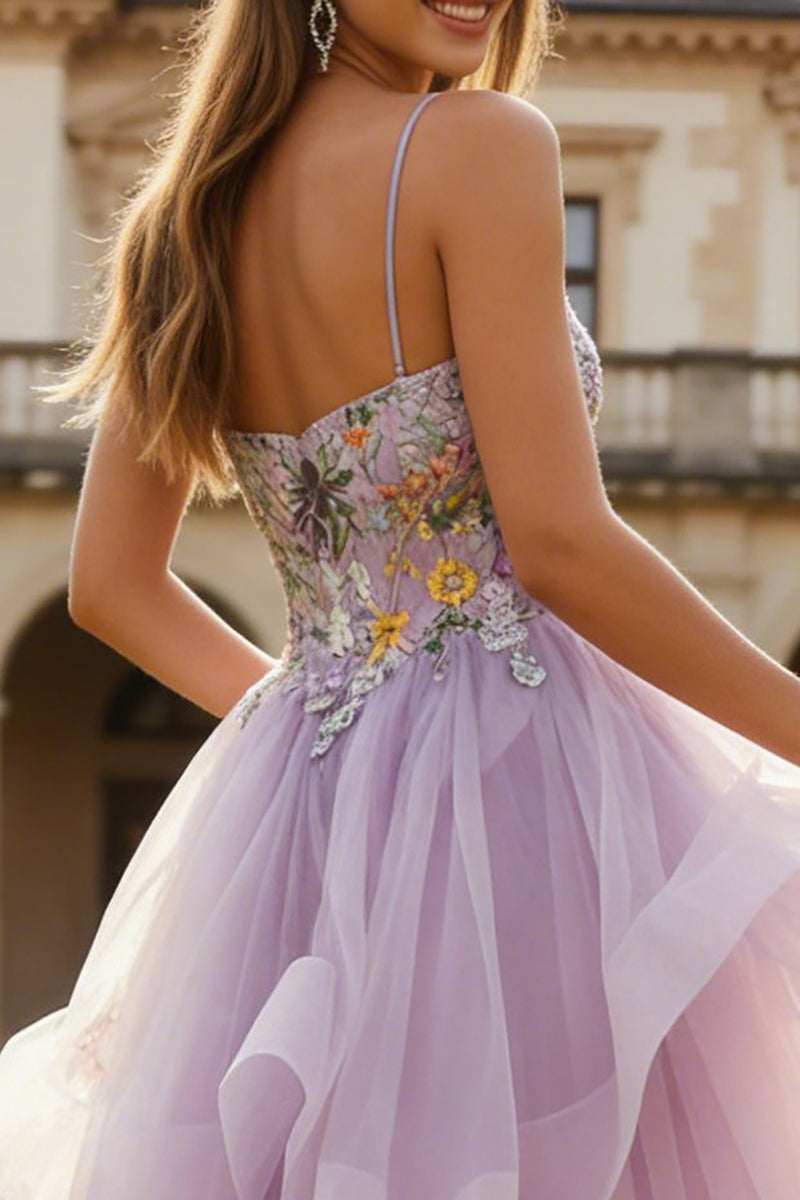 Load image into Gallery viewer, Lilac Floral Tulle Spaghetti Straps Long Prom Dress with Ruffles