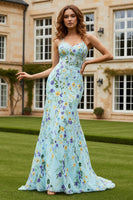 Load image into Gallery viewer, Green Floral Spaghetti Straps Mermaid Long Prom Dress