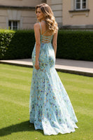 Load image into Gallery viewer, Green Floral Spaghetti Straps Mermaid Long Prom Dress