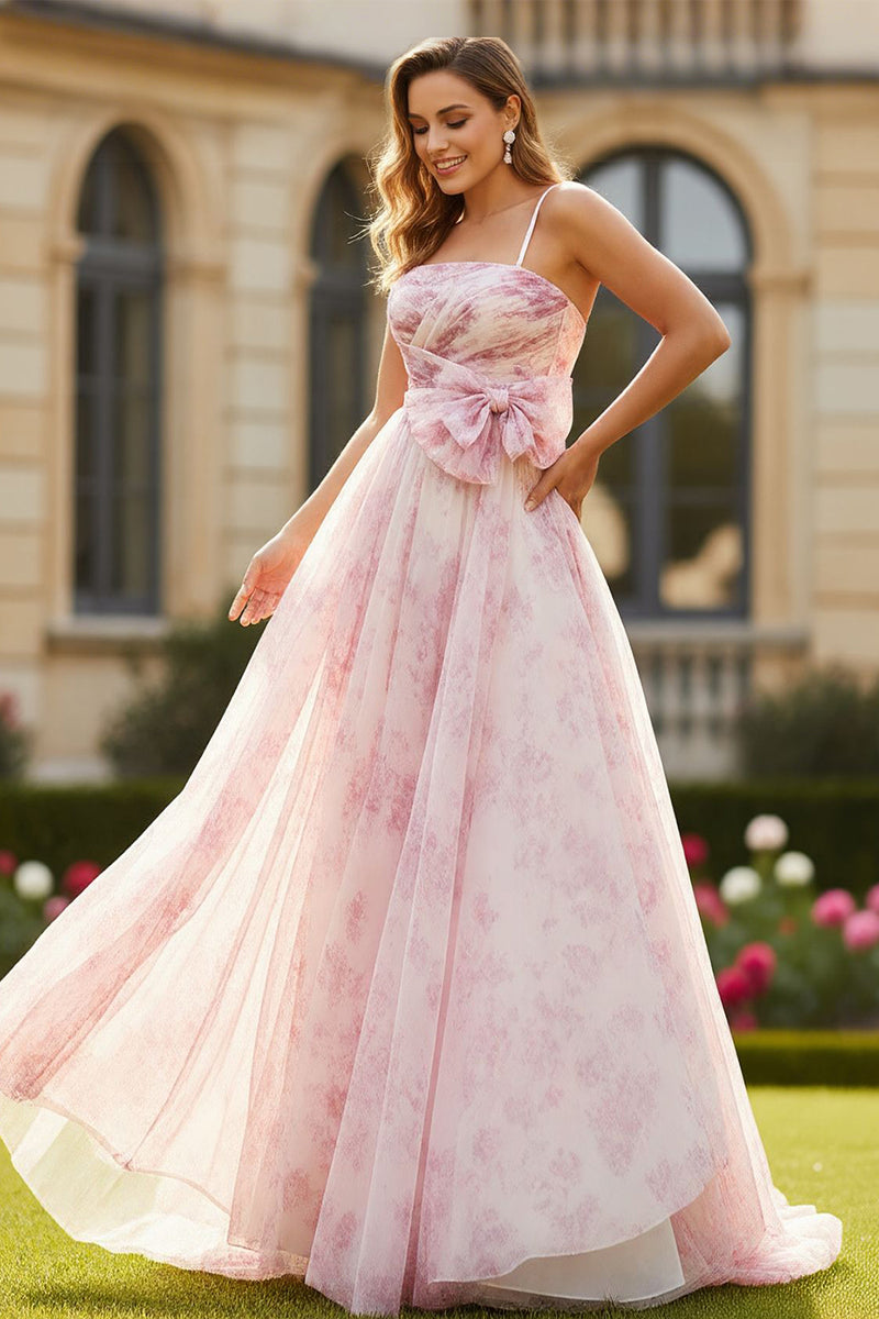 Load image into Gallery viewer, Blush Floral Spaghetti Straps A Line Long Prom Dress with Bow