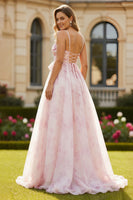 Load image into Gallery viewer, Blush Floral Spaghetti Straps A Line Long Prom Dress with Bow