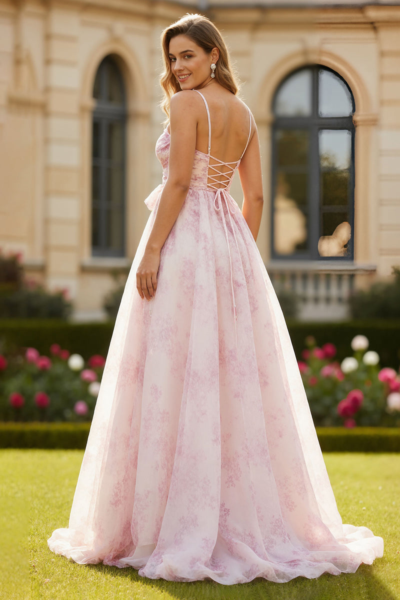 Load image into Gallery viewer, Blush Floral Spaghetti Straps A Line Long Prom Dress with Bow