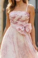 Load image into Gallery viewer, Blush Floral Spaghetti Straps A Line Long Prom Dress with Bow