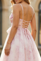 Load image into Gallery viewer, Blush Floral Spaghetti Straps A Line Long Prom Dress with Bow