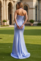 Load image into Gallery viewer, Sparkly Light Blue Halter Neck Mermaid Long Corset Prom Dress with Slit