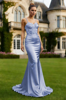Load image into Gallery viewer, Light Blue Satin Spaghetti Straps Mermaid Long Corset Prom Dress