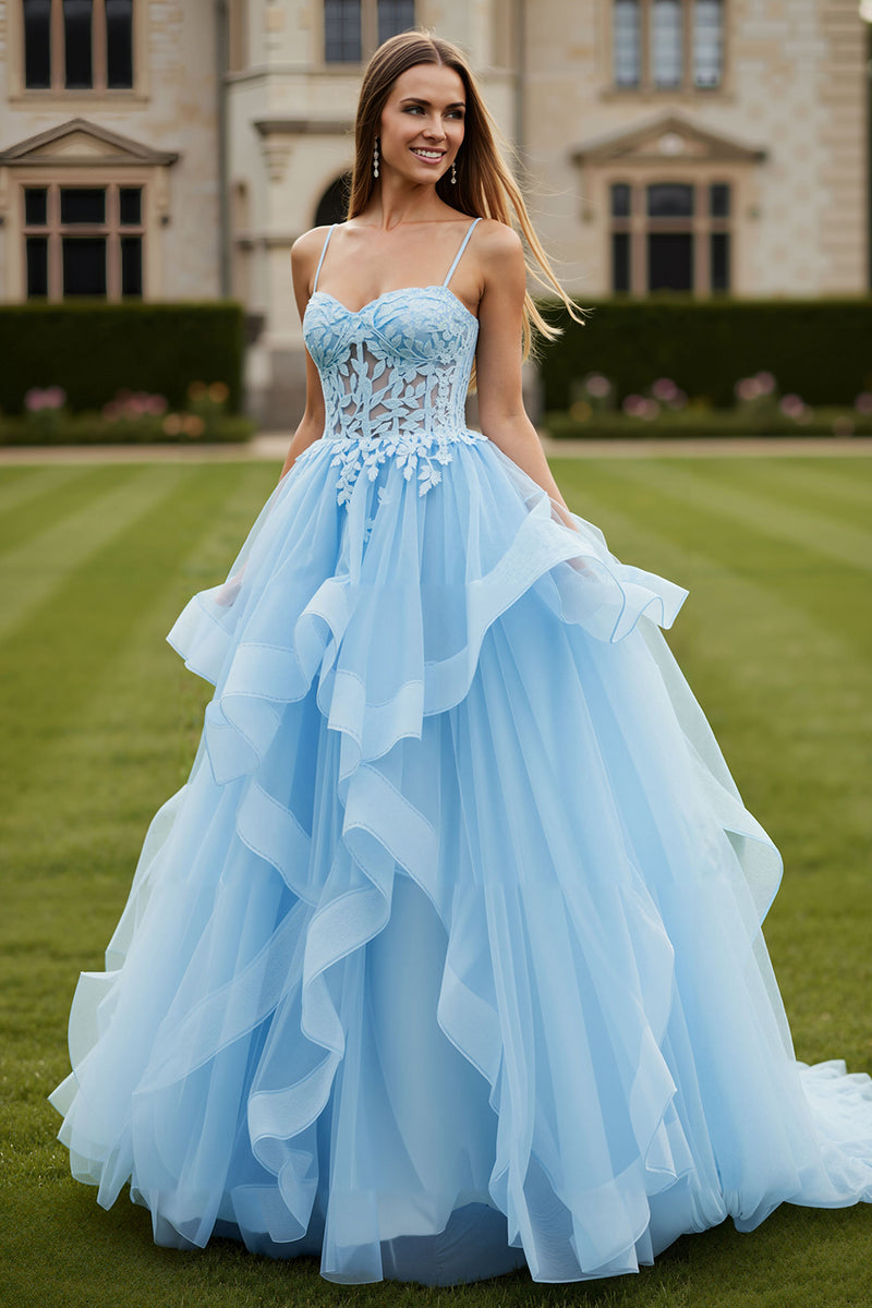 Load image into Gallery viewer, Sky Blue Tulle Spaghetti Straps Appliqued Long Corset Prom Dress with Ruffles