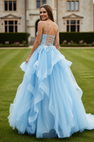 Load image into Gallery viewer, Sky Blue Tulle Spaghetti Straps Appliqued Long Corset Prom Dress with Ruffles