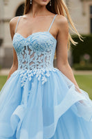 Load image into Gallery viewer, Sky Blue Tulle Spaghetti Straps Appliqued Long Corset Prom Dress with Ruffles