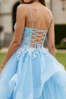 Load image into Gallery viewer, Sky Blue Tulle Spaghetti Straps Appliqued Long Corset Prom Dress with Ruffles