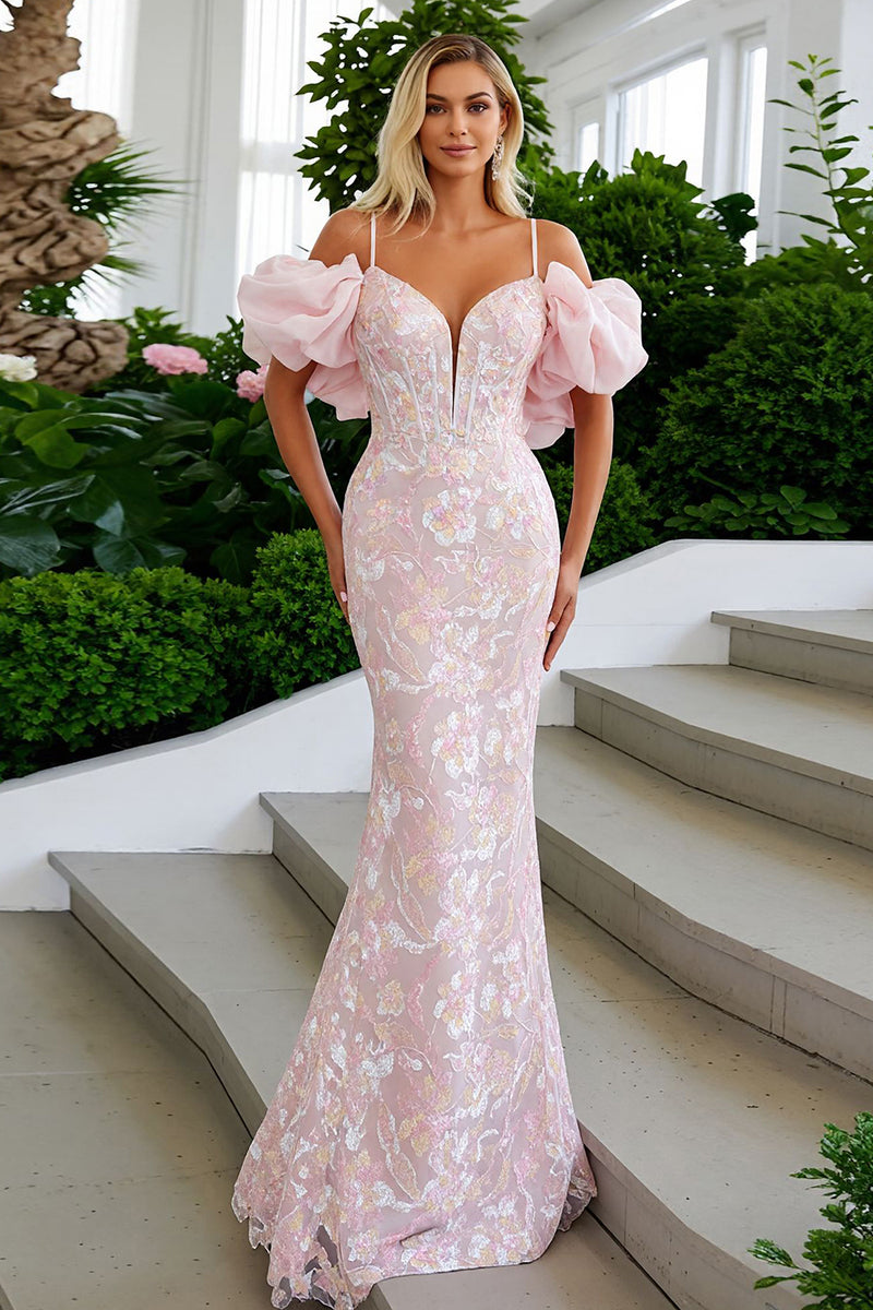 Load image into Gallery viewer, Blush Pink Lace Cold Shoulder Mermaid Long Corset Prom Dress