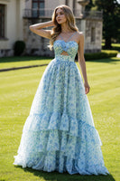 Load image into Gallery viewer, Pink Floral Ruffled Spaghetti Straps Long Prom Dress with Keyhole