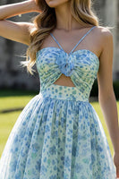 Load image into Gallery viewer, Pink Floral Ruffled Spaghetti Straps Long Prom Dress with Keyhole