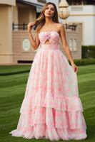 Load image into Gallery viewer, Pink Floral Ruffled Spaghetti Straps Long Prom Dress with Keyhole