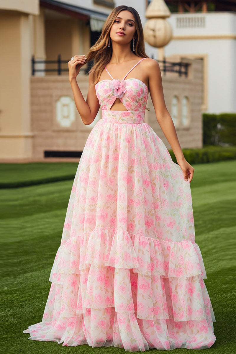 Load image into Gallery viewer, Pink Floral Ruffled Spaghetti Straps Long Prom Dress with Keyhole