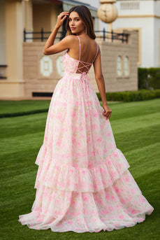Pink Floral Ruffled Spaghetti Straps Long Prom Dress with Keyhole