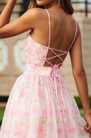 Load image into Gallery viewer, Pink Floral Ruffled Spaghetti Straps Long Prom Dress with Keyhole
