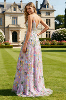 Load image into Gallery viewer, Floral Lilac Spaghetti Straps Appliqued Long Prom Dress with Slit