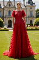 Load image into Gallery viewer, Sparkly Floral Dark Red Boat Neck Long Prom Dress with Sleeves