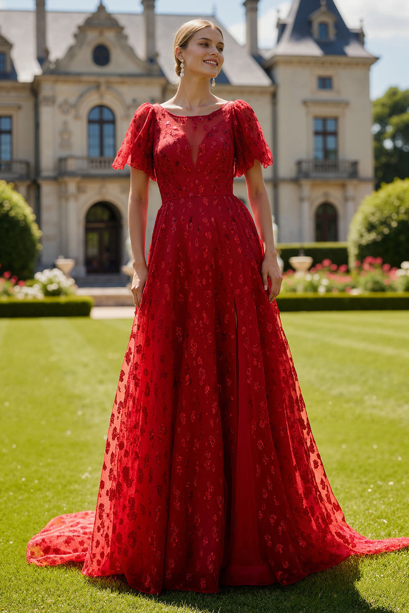 Load image into Gallery viewer, Sparkly Floral Dark Red Boat Neck Long Prom Dress with Sleeves