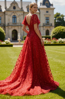 Load image into Gallery viewer, Sparkly Floral Dark Red Boat Neck Long Prom Dress with Sleeves