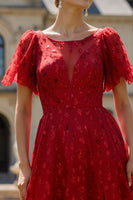 Load image into Gallery viewer, Sparkly Floral Dark Red Boat Neck Long Prom Dress with Sleeves