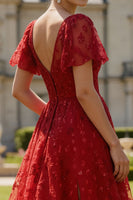 Load image into Gallery viewer, Sparkly Floral Dark Red Boat Neck Long Prom Dress with Sleeves