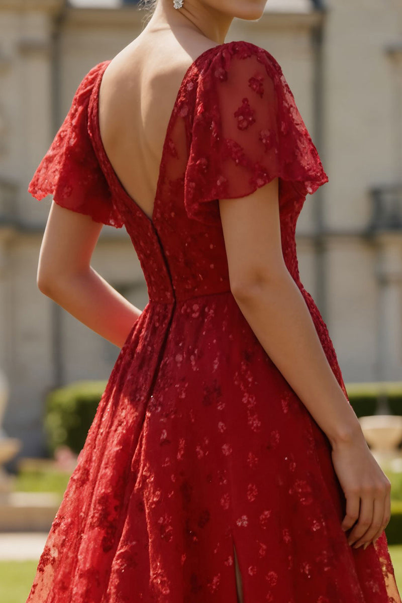Load image into Gallery viewer, Sparkly Floral Dark Red Boat Neck Long Prom Dress with Sleeves