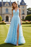 Load image into Gallery viewer, Sparkly Sky Blue Floral Spaghetti Straps Long Prom Dress with Slit