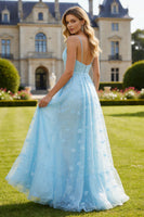 Load image into Gallery viewer, Sparkly Sky Blue Floral Spaghetti Straps Long Prom Dress with Slit