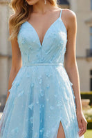 Load image into Gallery viewer, Sparkly Sky Blue Floral Spaghetti Straps Long Prom Dress with Slit