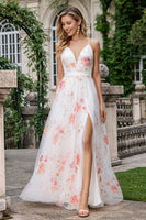 Load image into Gallery viewer, Ivory Pink Floral Spaghetti Straps A Line Long Prom Dress with Slit