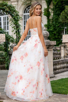 Ivory Pink Floral Spaghetti Straps A Line Long Prom Dress with Slit