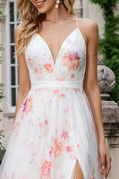 Load image into Gallery viewer, Ivory Pink Floral Spaghetti Straps A Line Long Prom Dress with Slit