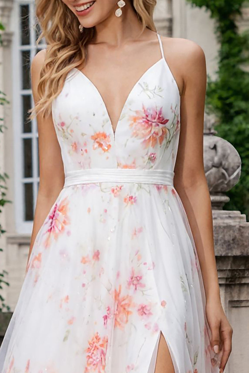 Load image into Gallery viewer, Ivory Pink Floral Spaghetti Straps A Line Long Prom Dress with Slit