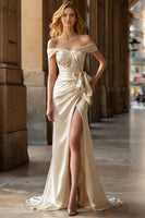 Load image into Gallery viewer, Champagne Off the Shoulder Sheath Long Prom Dress with Slit