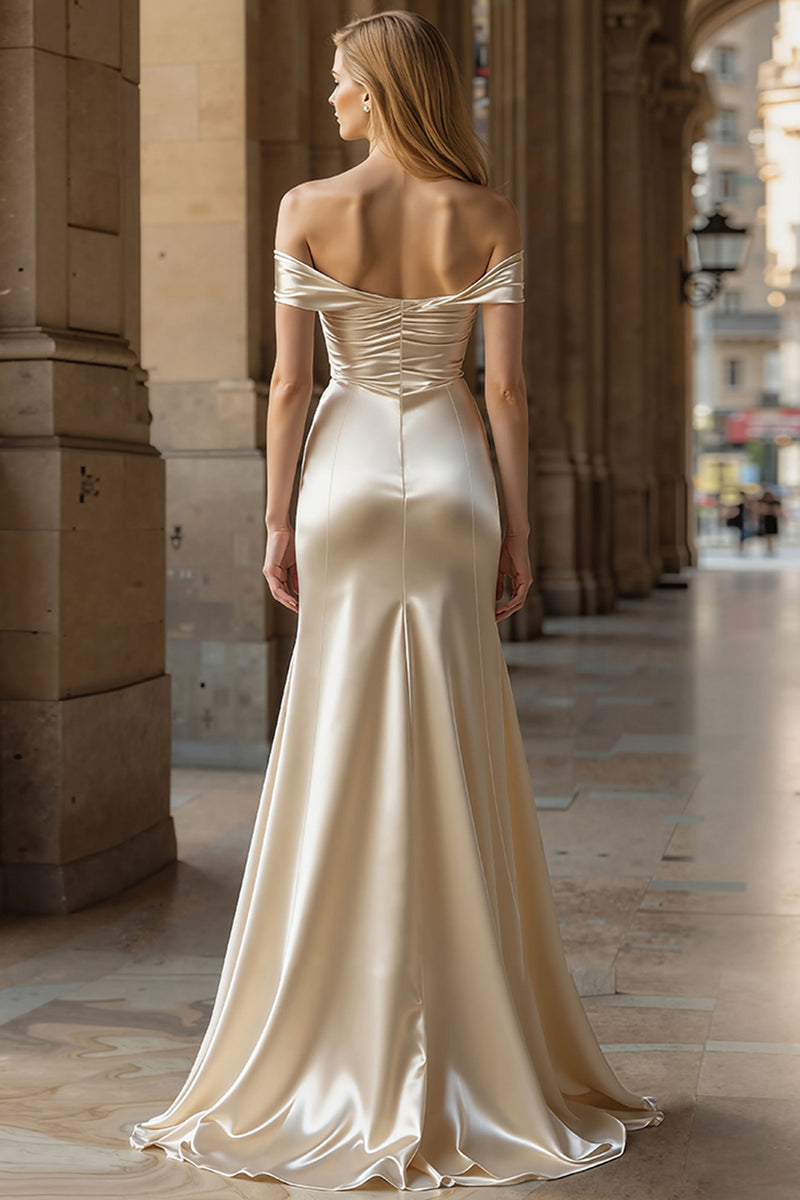 Load image into Gallery viewer, Champagne Off the Shoulder Sheath Long Prom Dress with Slit