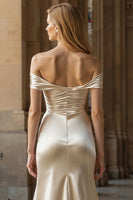 Load image into Gallery viewer, Champagne Off the Shoulder Sheath Long Prom Dress with Slit