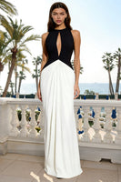 Load image into Gallery viewer, Black and White Crew Neck Long Sheath Formal Dress with Keyhole