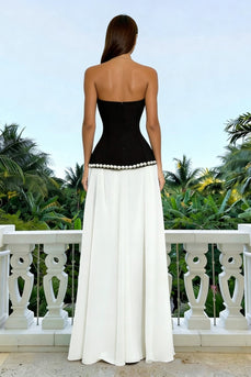 Sparkly Black and White Sweetheart Long Sheath Formal Dress with Pearls