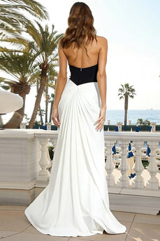 Black and White Backless Halter Neck Long Formal Dress with Keyhole