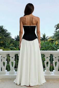 Sparkly Black and White Long Strapless Formal Dress with Pearls