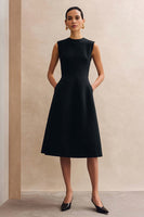 Load image into Gallery viewer, Black Crew Neck A Line Midi Work Dress