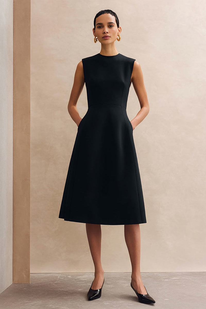 Load image into Gallery viewer, Black Crew Neck A Line Midi Work Dress