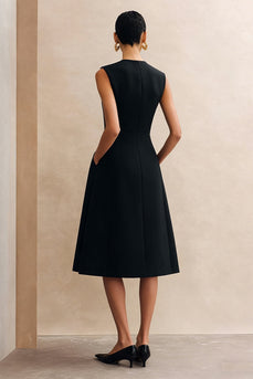 Black Crew Neck A Line Midi Work Dress