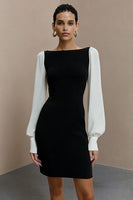 Load image into Gallery viewer, Black and White Pencil Bateau Neck Short Work Dress with Sleeves