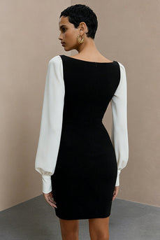 Black and White Pencil Bateau Neck Short Work Dress with Sleeves