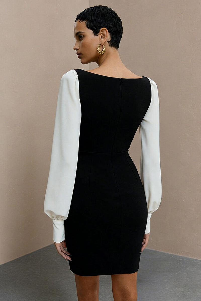 Load image into Gallery viewer, Black and White Pencil Bateau Neck Short Work Dress with Sleeves