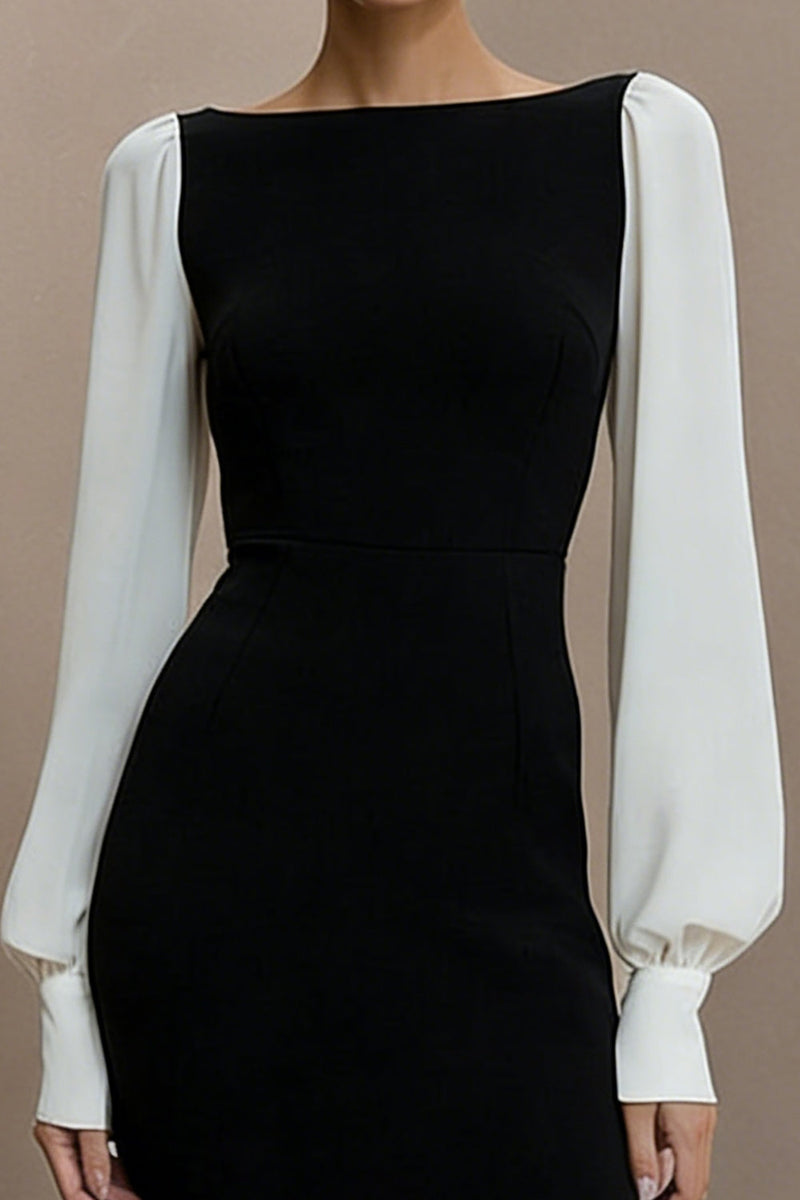 Load image into Gallery viewer, Black and White Pencil Bateau Neck Short Work Dress with Sleeves