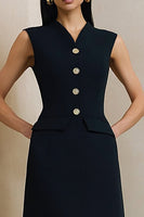 Load image into Gallery viewer, Black A Line V-Neck Midi Work Dress with Buttons